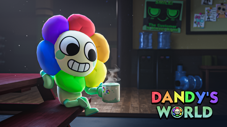 Dandy sitting on a bench with a warm mug in the Gardenview break room
